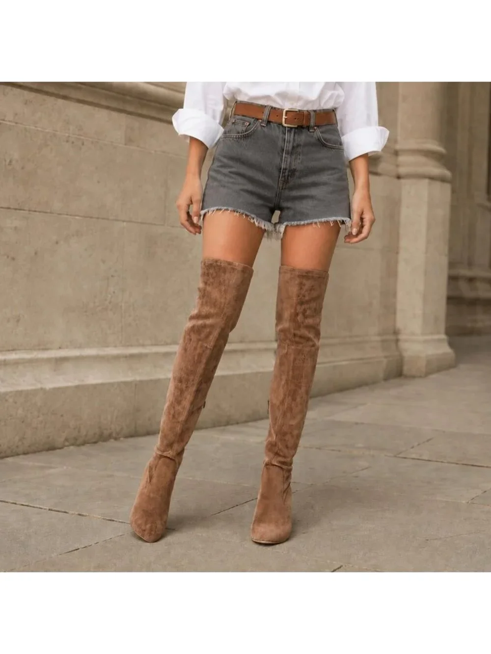 Women's Taupe Stretch Suede Chunky Heel Over The Knee Thigh High Boots